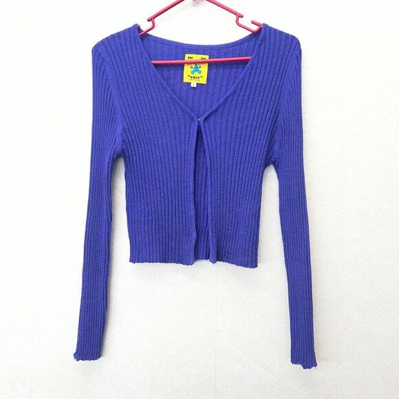 Unif Long Sleeve Violet Purple Ribbed Knit Cropped Cardigan Sweater Womens XL - Picture 6 of 13